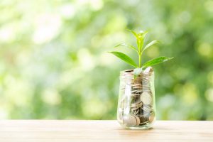 Plant growing from jar of coins financial growth