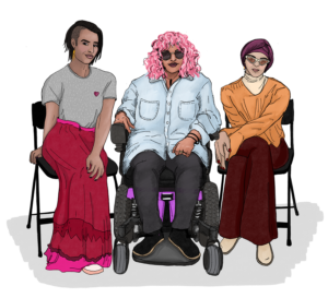Image description: illustration of three young people sitting down beside each other. The first gender non-conforming young person wears a red skirt, a grey t-shirt and has a short black hair do. The second uses a wheelchair, is wearing a denim shirt and black pants, has bright pink curly hair and dark sunglasses. The third is femme-presenting, wears a head covering, a long yellow shirt and dark red pants.