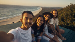 Four young people taking a selfie in the evening sunshine at the beach