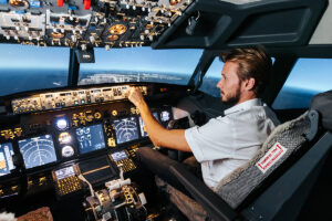 pilot in cockpit in flight